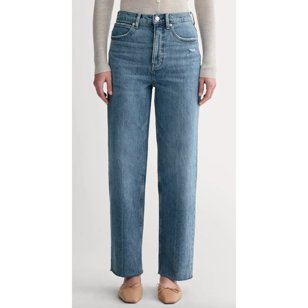 Everlane The Way High Jean 31 Regular Wide Leg Organic‎ Cotton Blue Raw Hem NEW